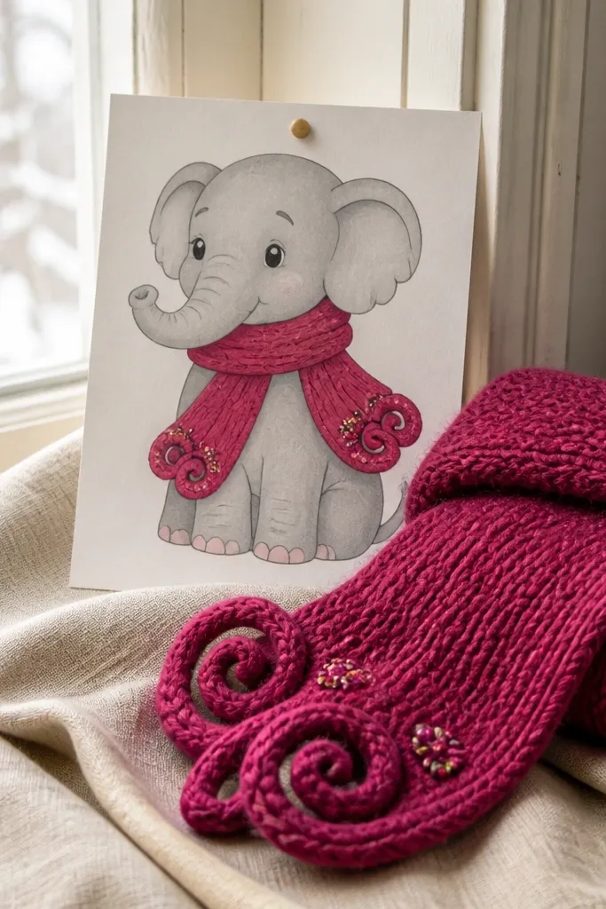 Cartoon elephant wearing a scarf with swirling ends