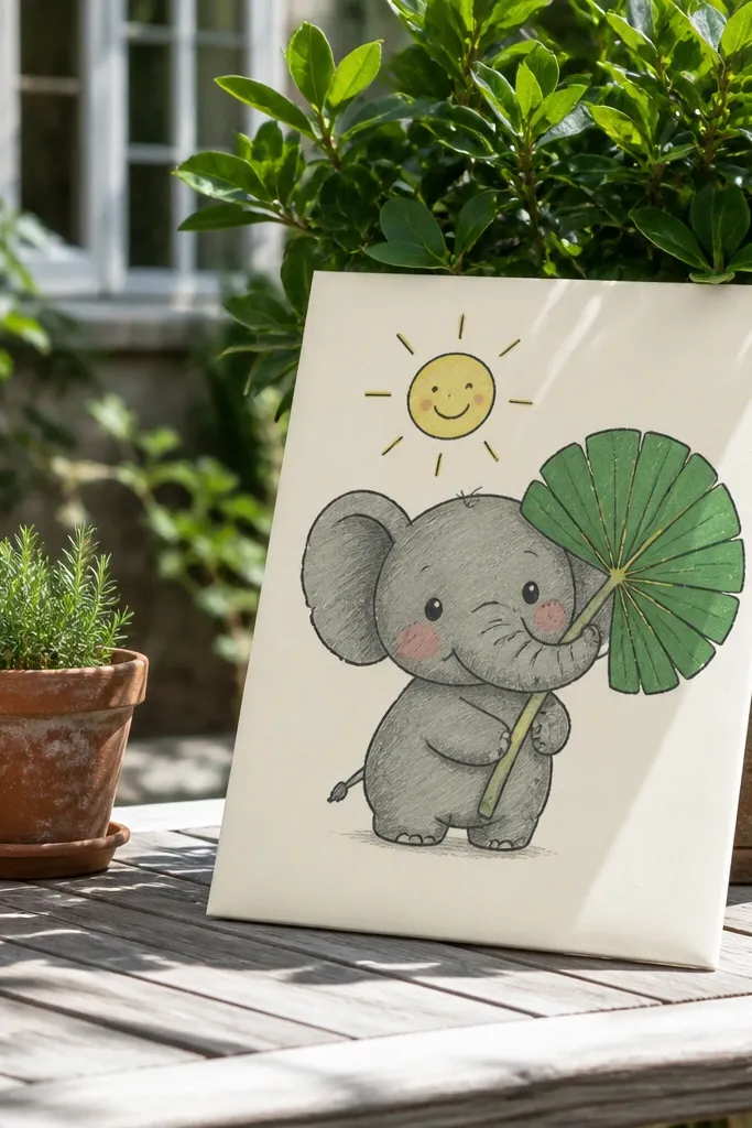 Cartoon elephant fanning itself with a leaf and a doodle sun behind