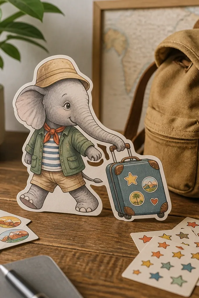 Cartoon elephant pulling a suitcase covered with stickers