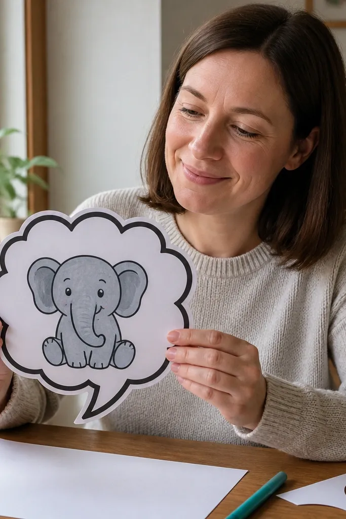 Cartoon elephant peeking from a cloud bubble with a speech tail