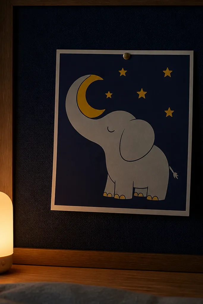 Cartoon elephant holding a glowing moon with stars around