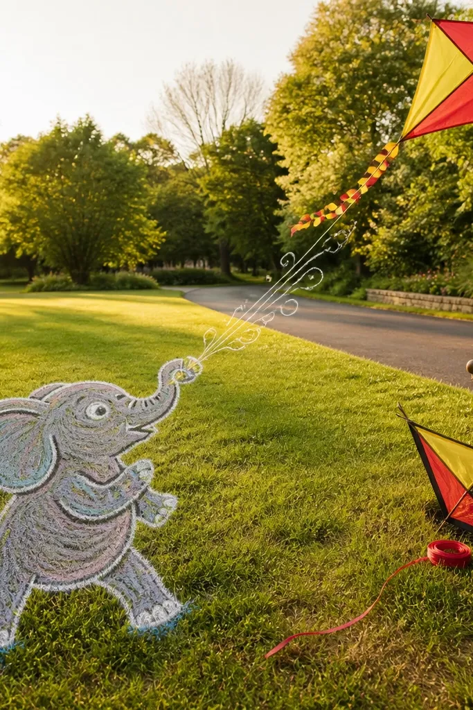 Cartoon elephant holding a kite string with wind swirl lines