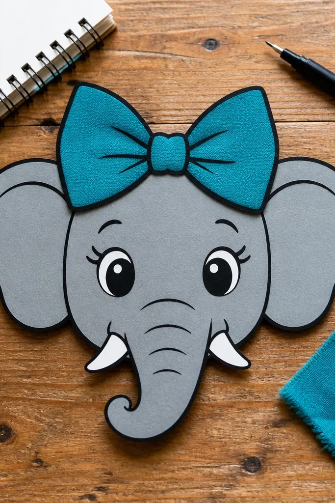Cartoon elephant face with a big bow near the top