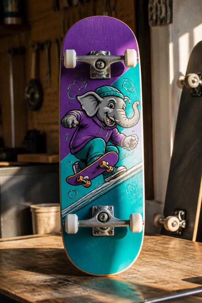 Cartoon elephant skateboarding with a sideways grin and wheels