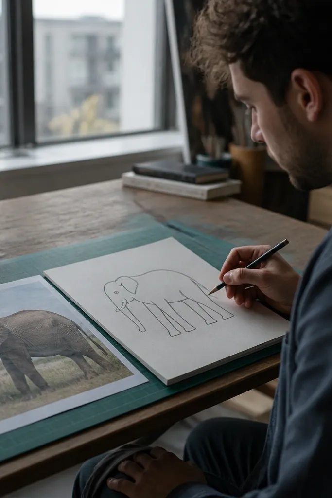 Pencil sketch elephant legs that taper from top to bottom