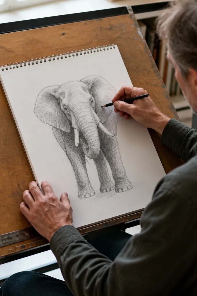 Elephant sketch with legs angled correctly for perspective