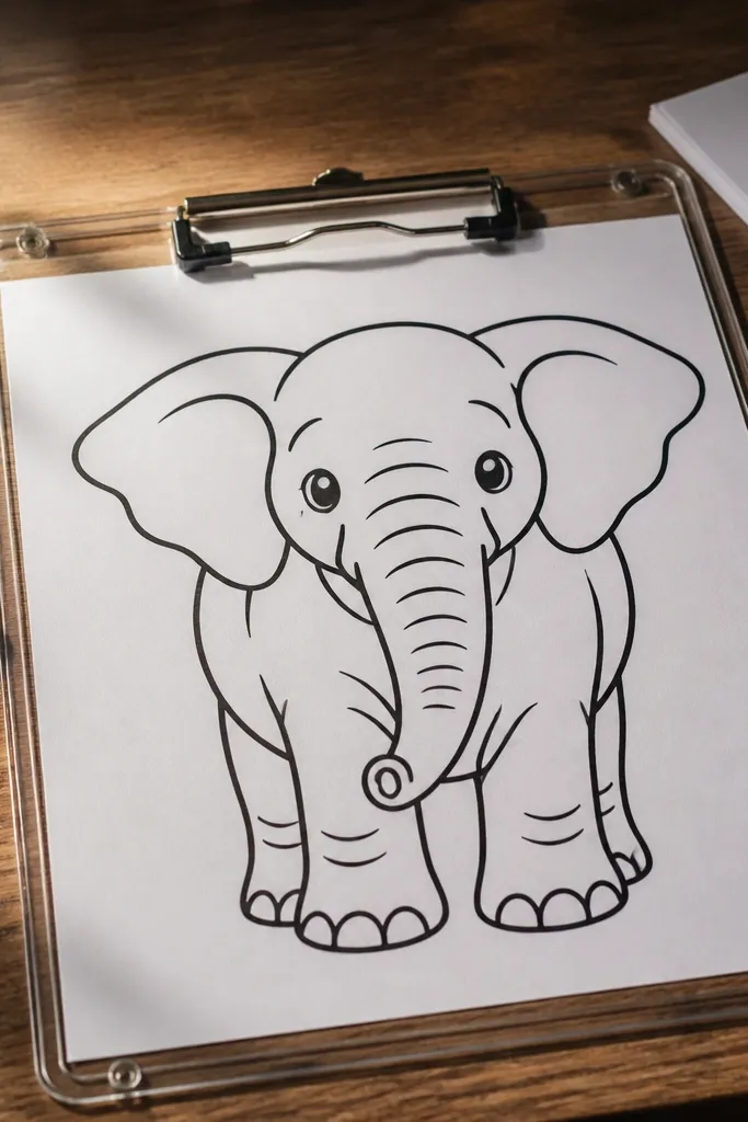 Pencil elephant with light outlines and darker shading shapes