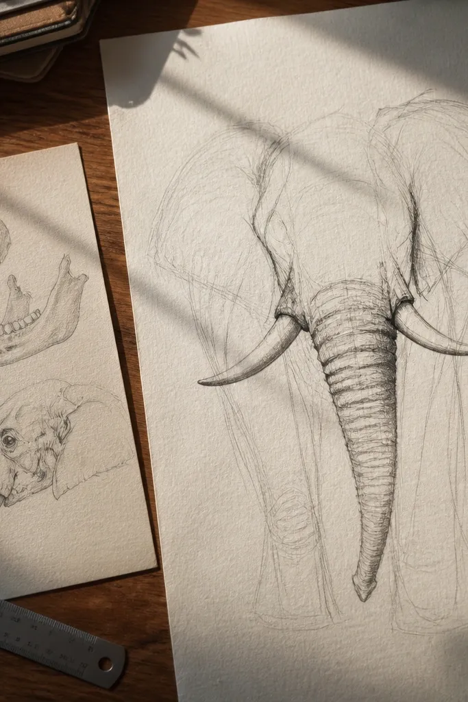 Elephant face sketch where tusks align to the mouth structure