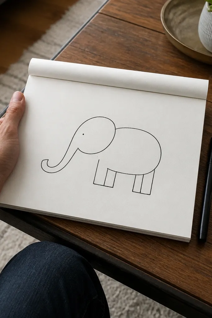 Simple black elephant with a large oval head and short legs on white paper