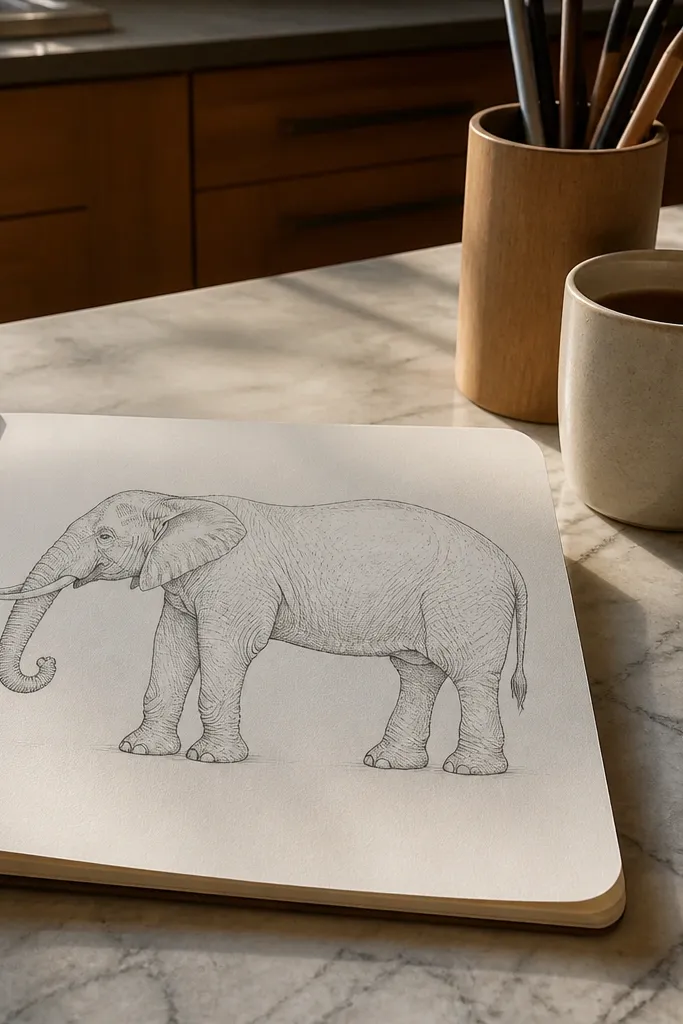 Side view elephant profile with visible tusks and a curled trunk, simple black lines
