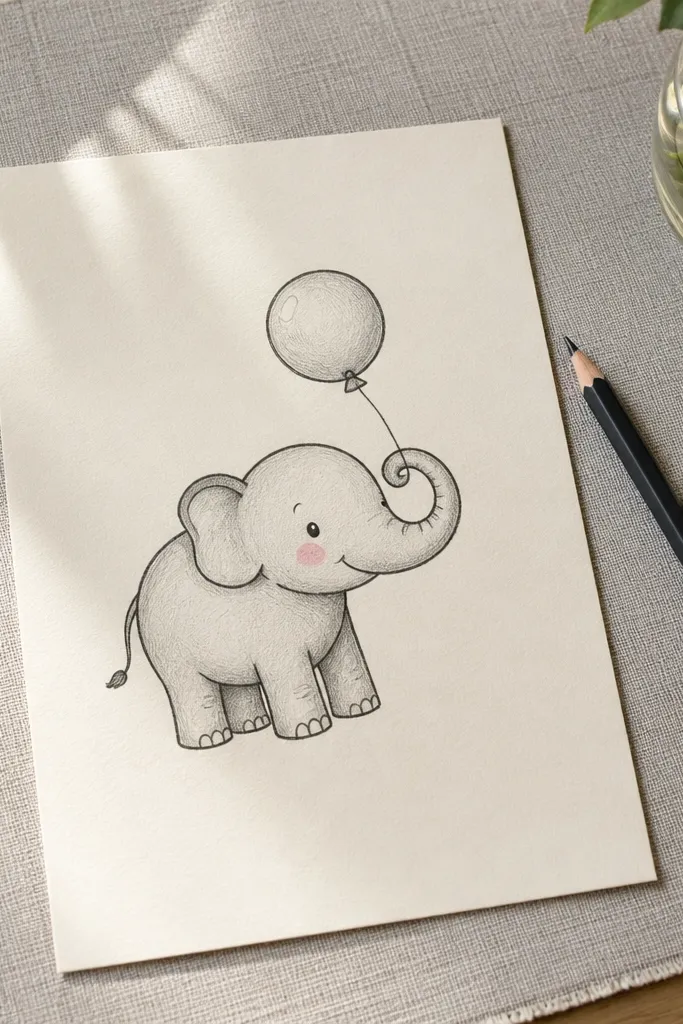 Cute baby elephant with a rounded body and a balloon-like curled trunk, soft lines