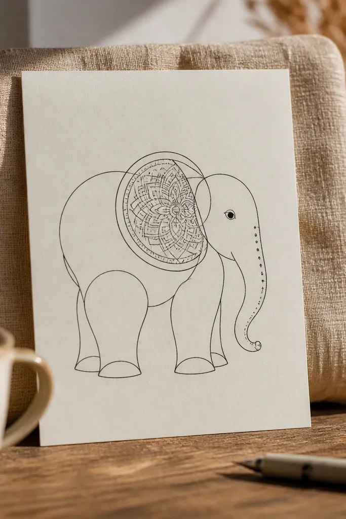 Elephant with patterned mandala-style ear and fine line details, black ink on white