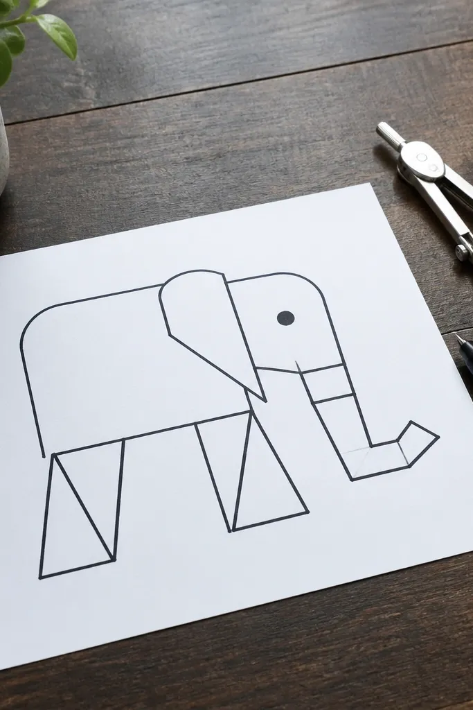 Geometric elephant made of blocks and triangles, clean black outlines, minimal shading