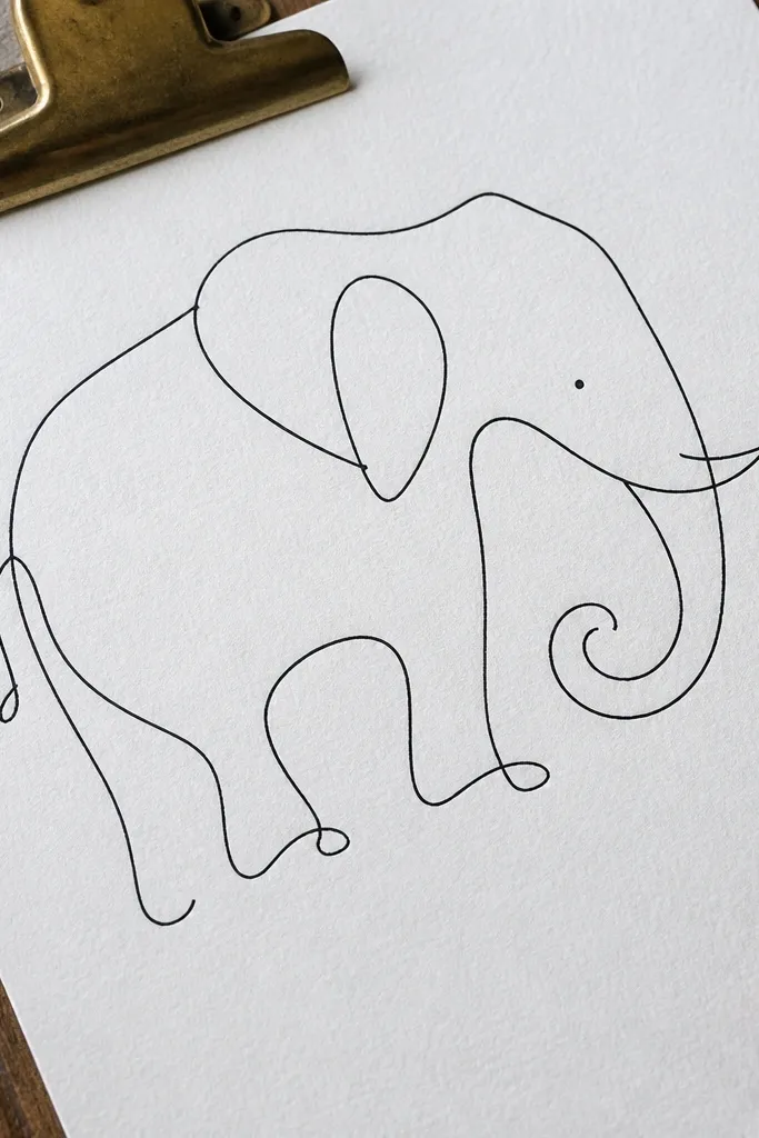 One unbroken line forming an elephant silhouette with trunk and tusk hints