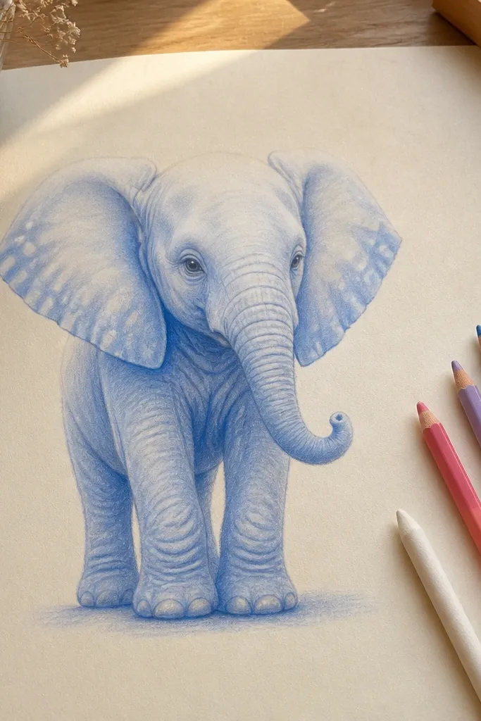 Pastel elephant with light shading and a few soft spots on the body