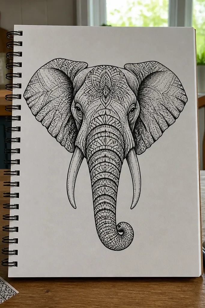 Front-facing elephant with tusks and a patterned trunk in black ink