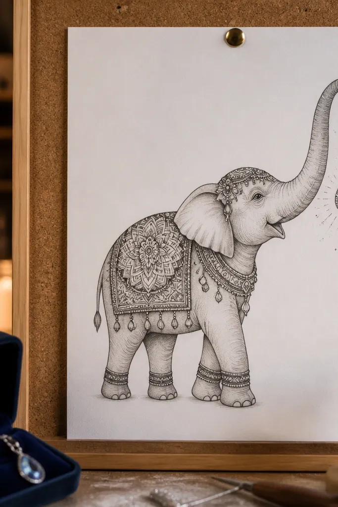 Elephant holding a small hanging pendant on its trunk, simple ink drawing