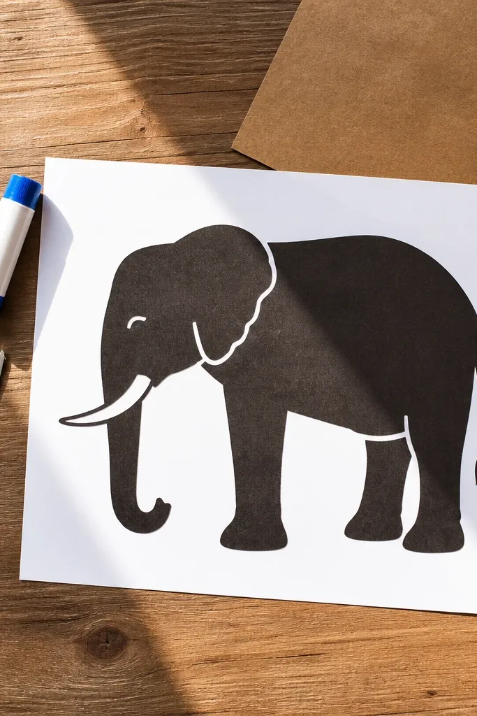 Bold filled elephant silhouette with tusks and ear shape, black fill on white