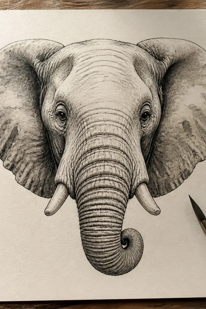Large elephant head with big ears and a curled trunk end, centered and clean