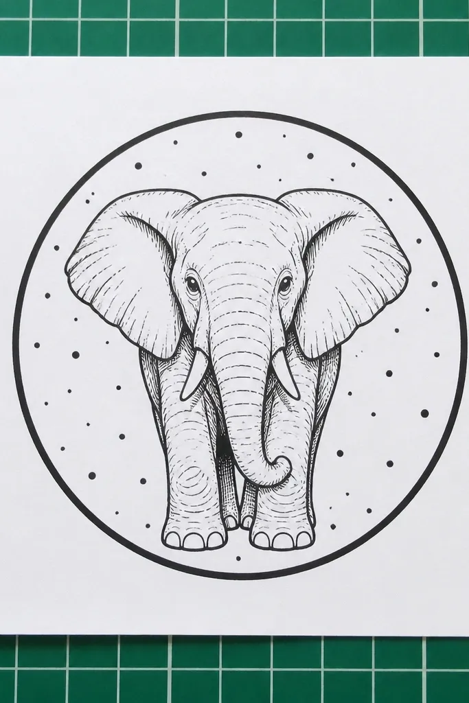 Elephant centered inside a circle badge with thin border line and small decorative dots
