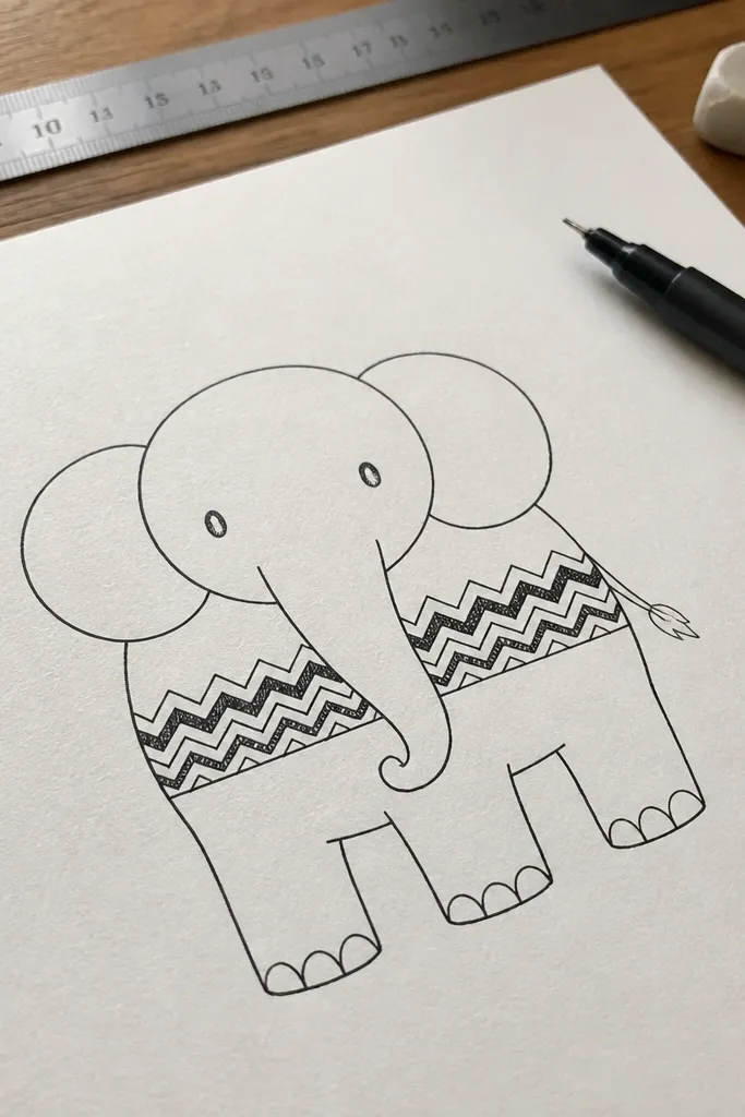 Elephant with a patterned strip across the belly and simple shaded body