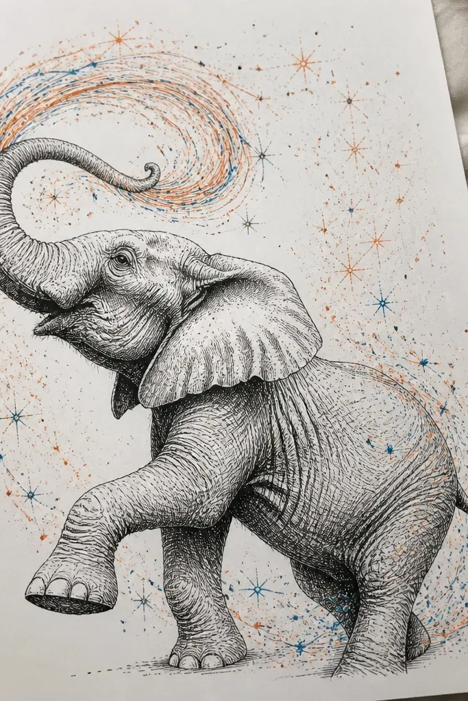 Elephant with a swirling trunk and small spark dots around it on white paper