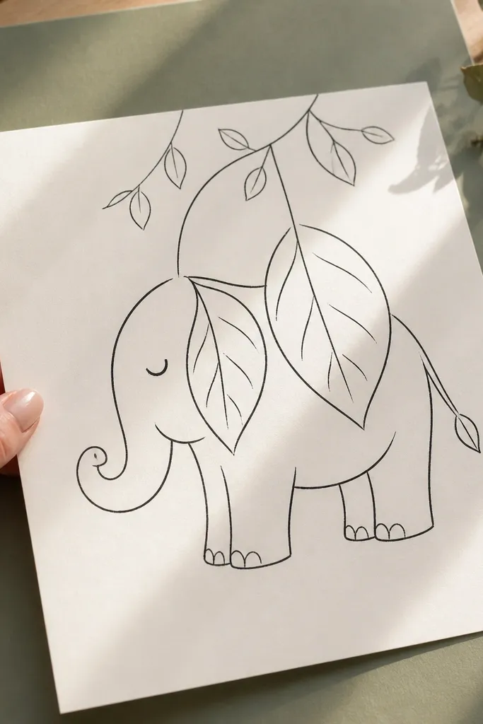 Elephant with leaf-shaped ear details and a simple trunk curl, black ink