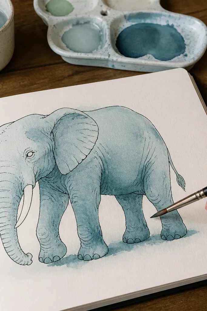 Elephant outlined in ink with a light watercolor wash in soft gray-blue