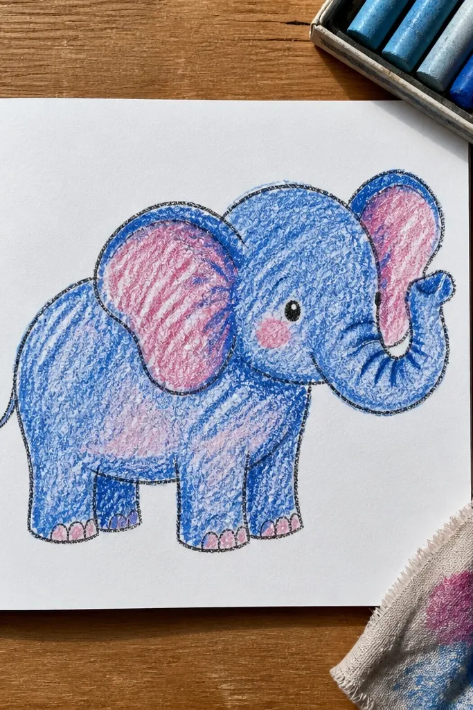 Elephant filled with crayon scribble texture and simple black outline