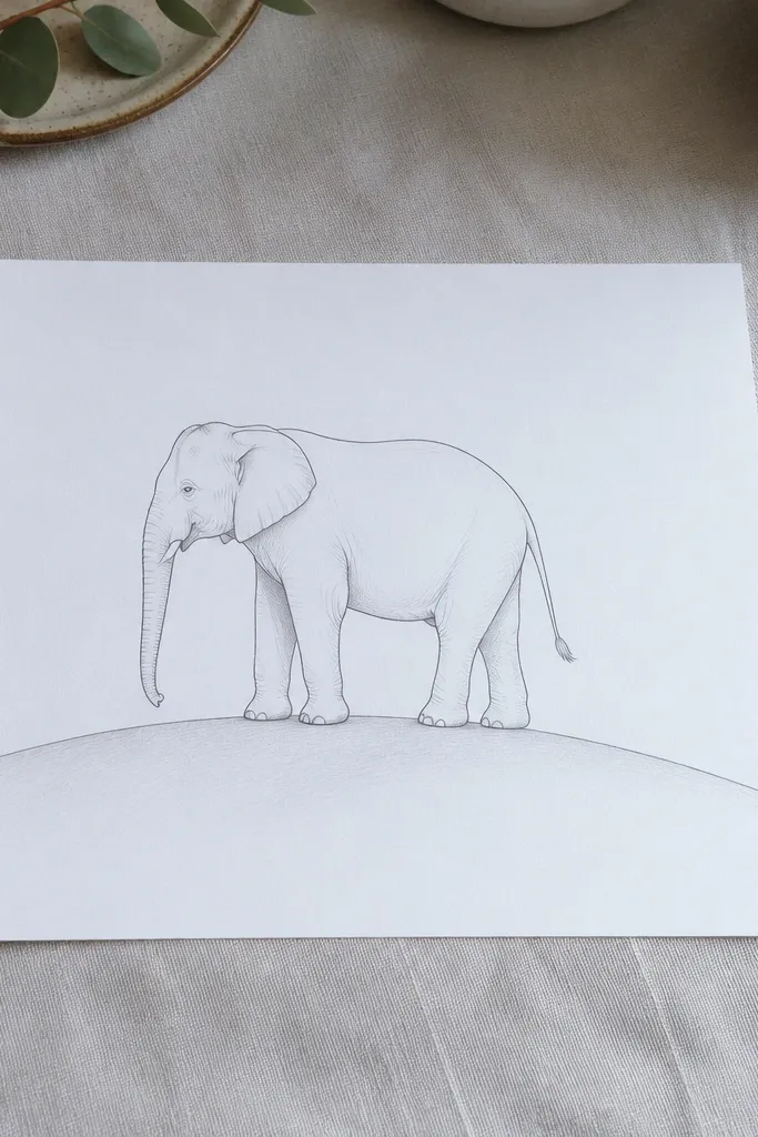 Elephant standing above a simple curved hill line, clean ink drawing