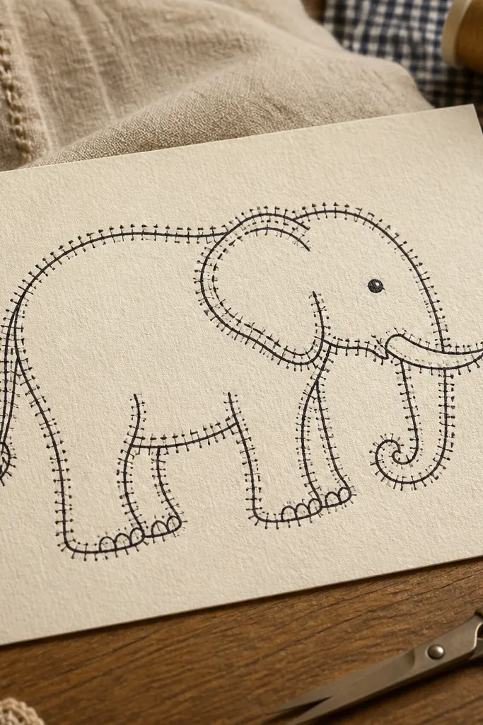 Elephant with stitched-style double outline lines and small dots, black ink