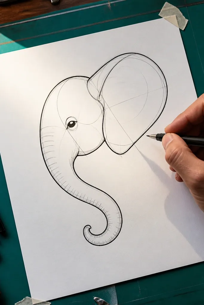 Profile elephant with huge rounded ears and a simple S-curve trunk