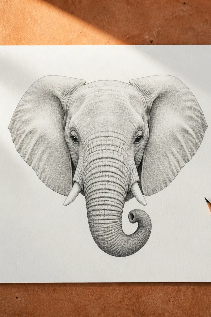 Front-facing elephant with a curled trunk and symmetrical ears