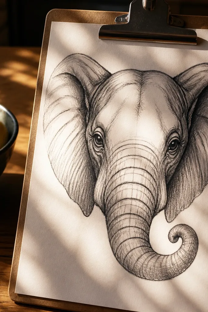 Elephant face close drawing with eye, large ear, and trunk tip