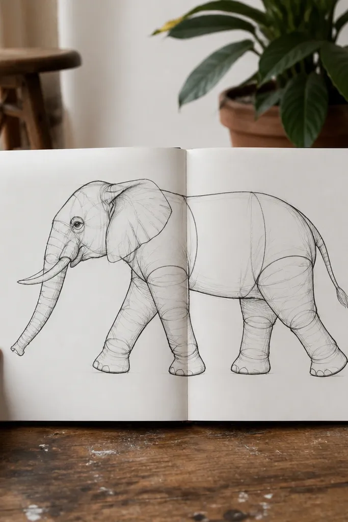 Side-view elephant walking, with simplified legs and a curved trunk