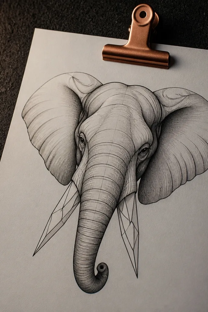Elephant head with sharp geometric tusk shapes and a smooth trunk