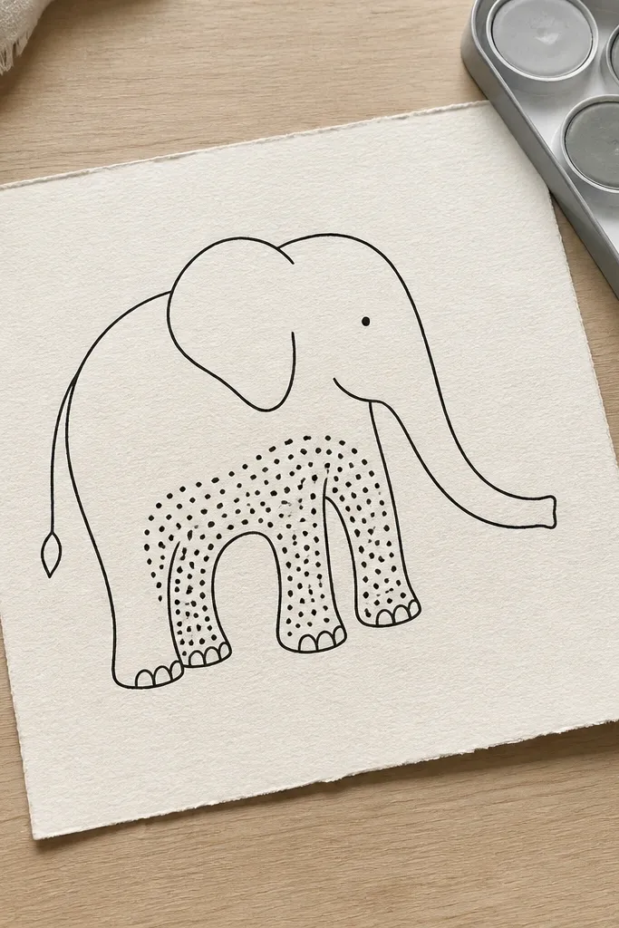 Elephant body with patterned dots on the belly and a curved trunk