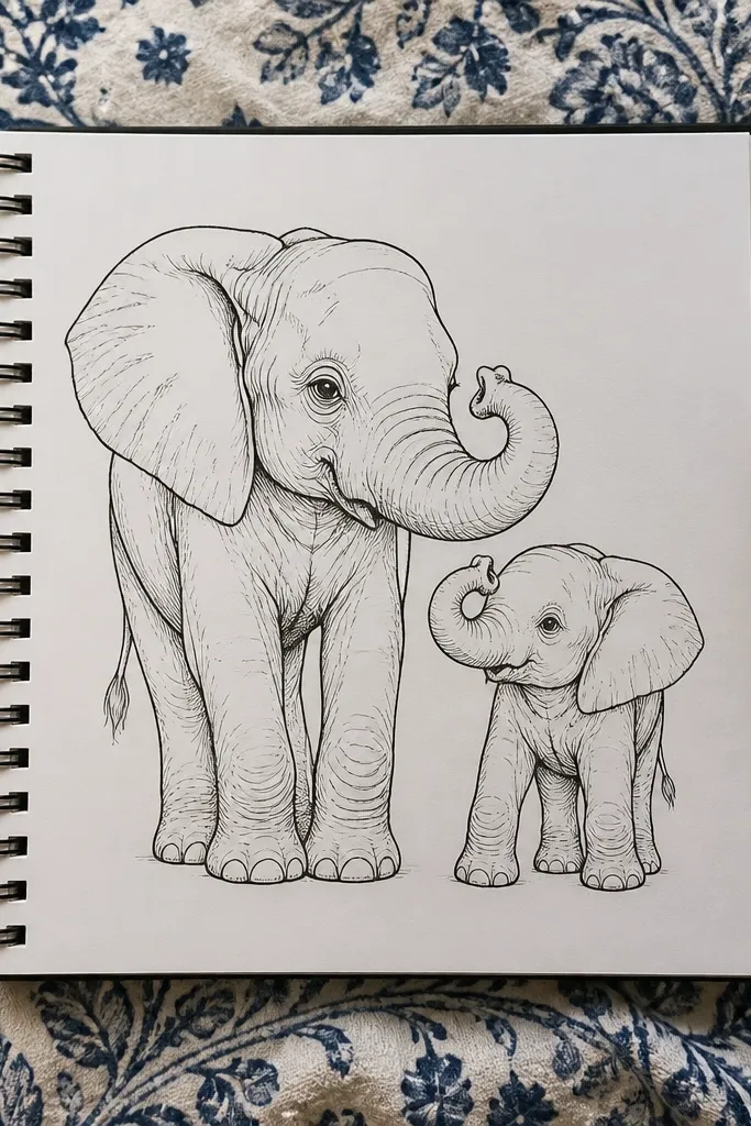 Two elephants, one larger and one smaller, with matching trunk shapes