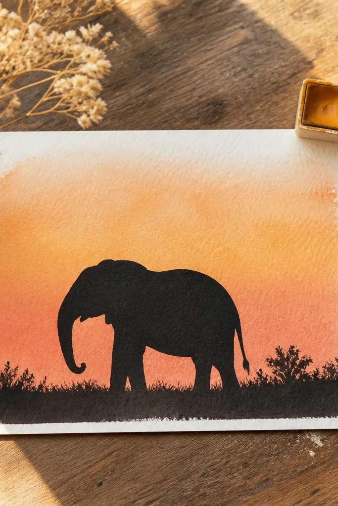 Elephant silhouette with a trunk curl against a soft sunset gradient
