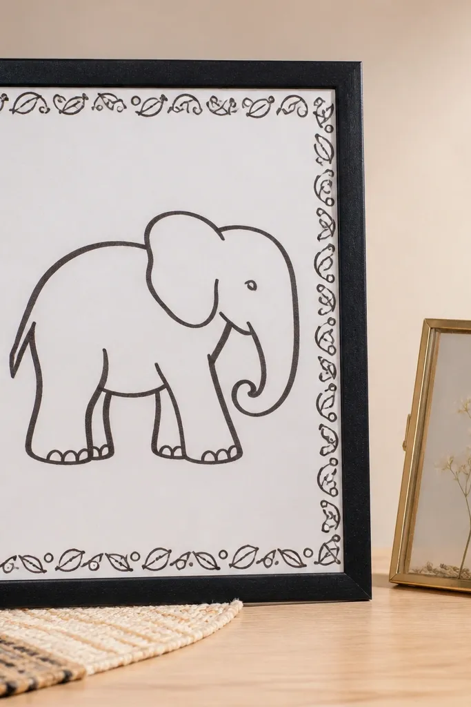 Elephant drawing centered inside a simple doodle border