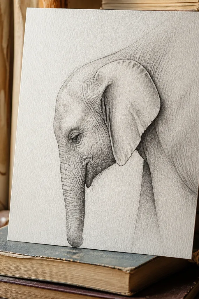 Elephant with lowered head, soft shading under trunk and chin