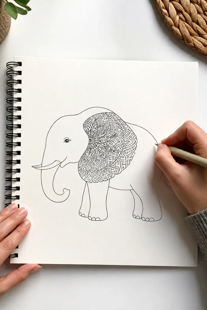 Elephant with a detailed mandala pattern inside the ear
