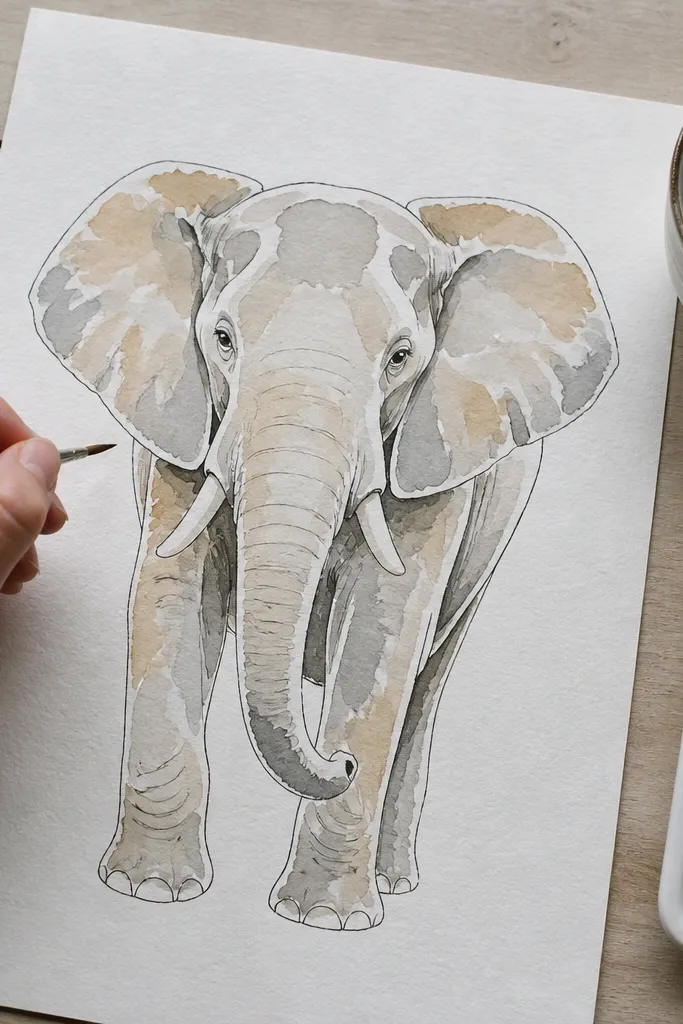 Elephant outlined in pencil with soft watercolor puddles on body