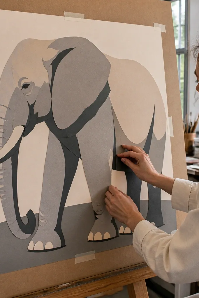 Elephant silhouette with sharp taped edges and layered color blocks