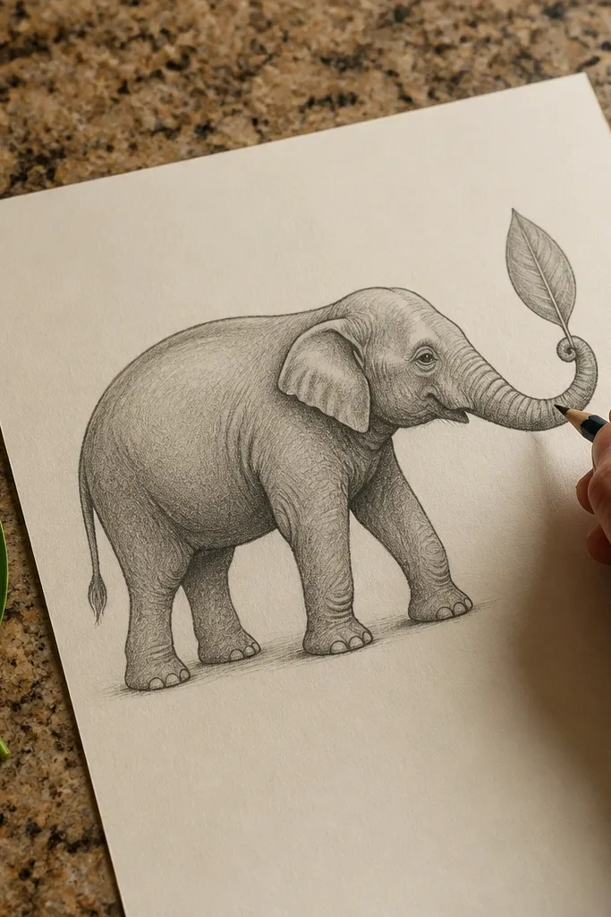 Elephant holding a leaf with a curled trunk and simple body