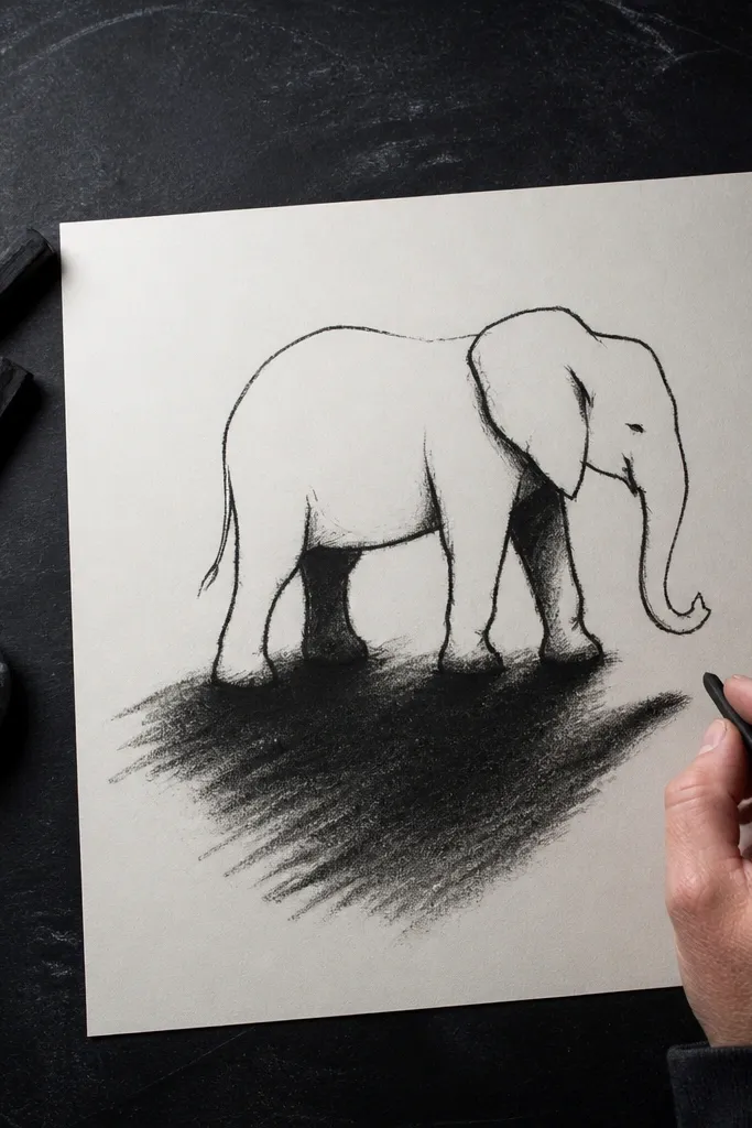 Elephant outline with strong charcoal shadows under legs