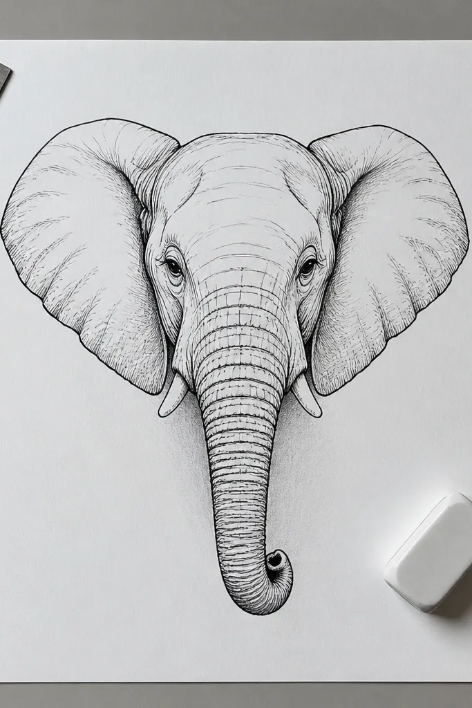 Elephant face with minimal tusk bumps and a tidy cheek contour