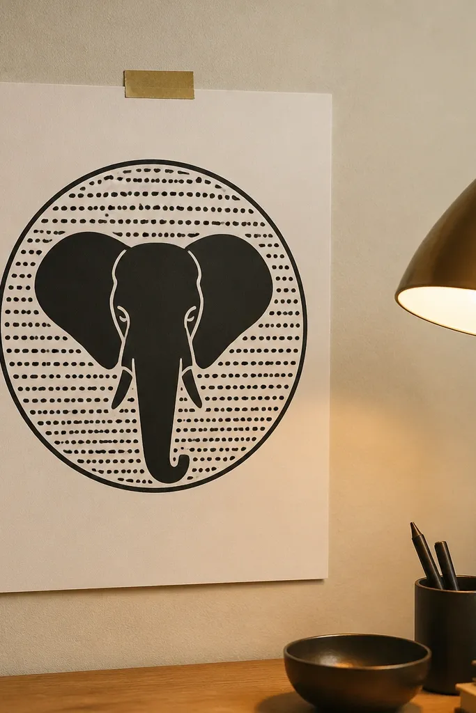 Elephant silhouette inside a circle with patterned background dots