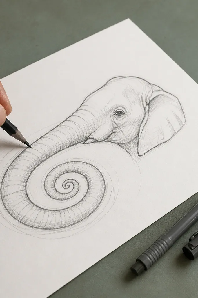 Elephant trunk drawn as a spiral curve with a simple head
