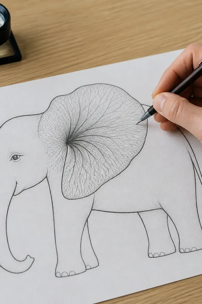 Elephant outline with detailed vein lines inside the ear
